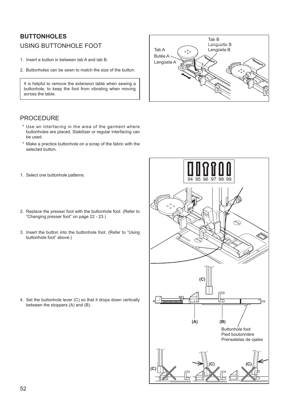 Buttonholes using buttonhole foot, Procedure | SINGER XL-550 FUTURA Instruction Manual User Manual | Page 52 / 120