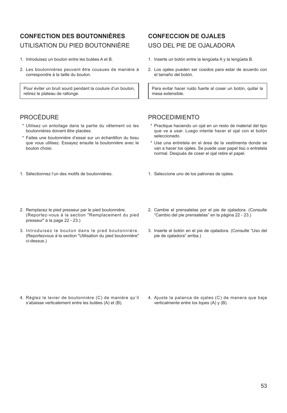 Confeccion de ojales uso del pie de ojaladora, Procedimiento, Procédure | SINGER XL-550 FUTURA Instruction Manual User Manual | Page 53 / 120