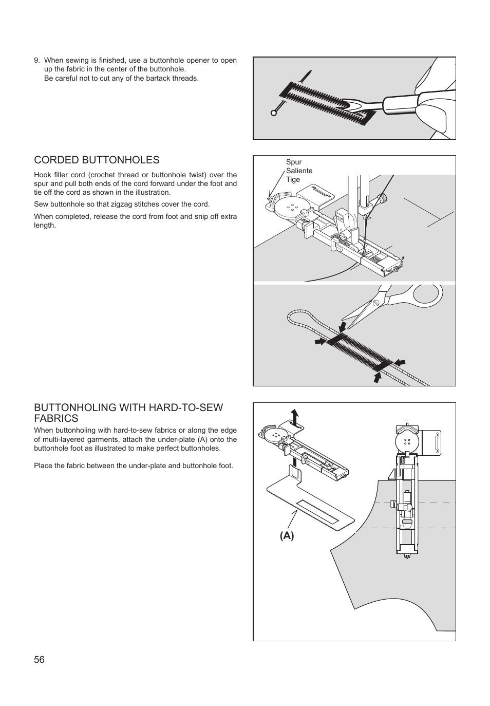 Corded buttonholes, Buttonholing with hard-to-sew fabrics | SINGER XL-550 FUTURA Instruction Manual User Manual | Page 56 / 120