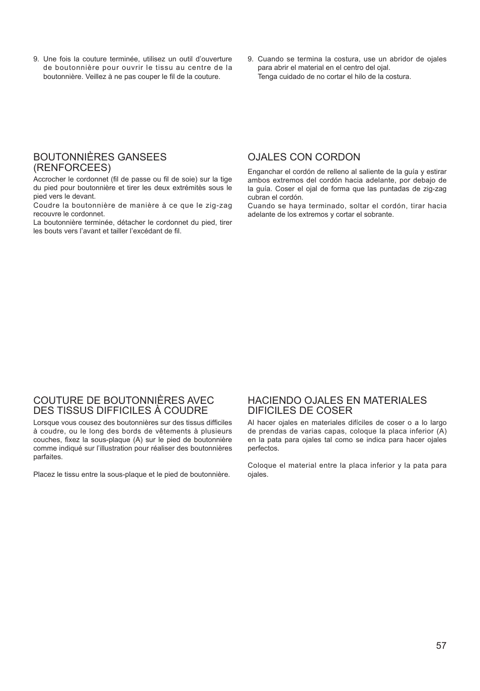 Boutonnières gansees (renforcees), Ojales con cordon, Haciendo ojales en materiales dificiles de coser | SINGER XL-550 FUTURA Instruction Manual User Manual | Page 57 / 120