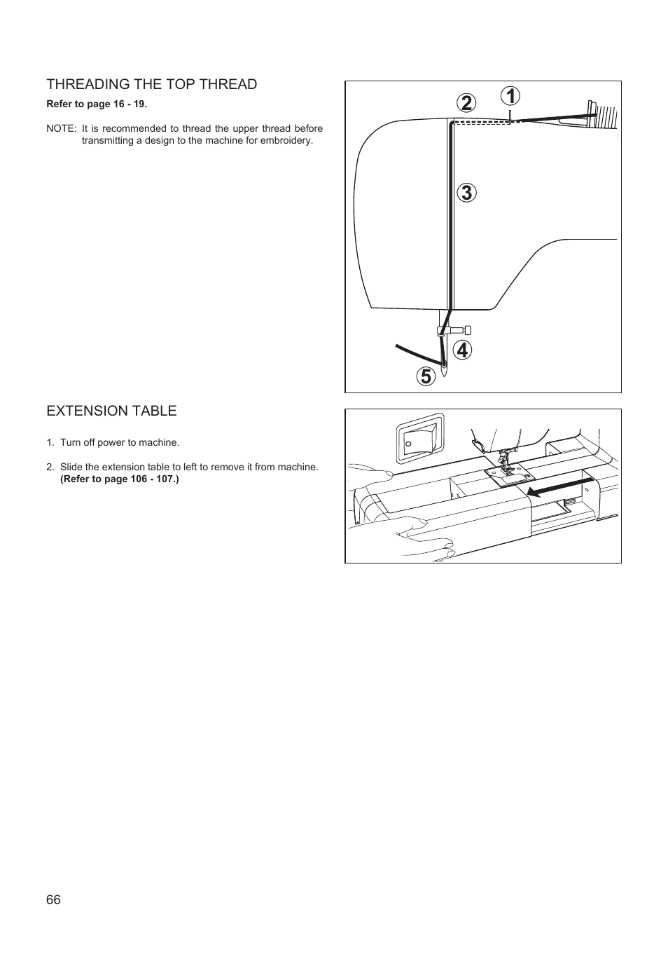 Threading the top thread, Extension table | SINGER XL-550 FUTURA Instruction Manual User Manual | Page 66 / 120