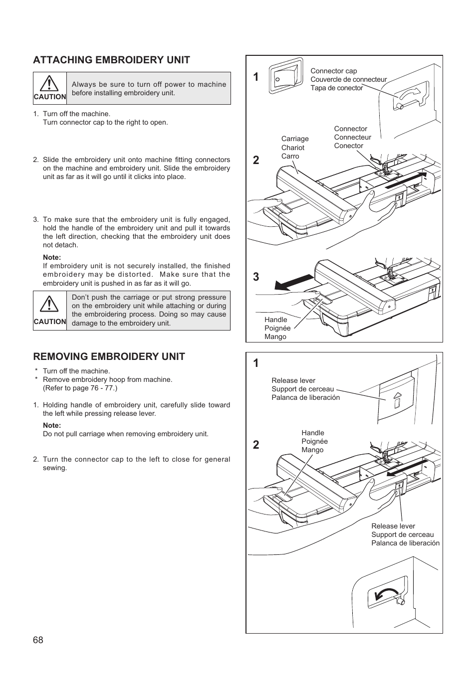 Attaching embroidery unit, Removing embroidery unit | SINGER XL-550 FUTURA Instruction Manual User Manual | Page 68 / 120