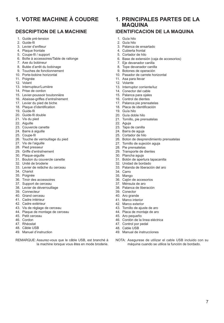 Votre machine à coudre, Principales partes de la maquina, Description de la machine | Identificacion de la maquina | SINGER XL-550 FUTURA Instruction Manual User Manual | Page 7 / 120