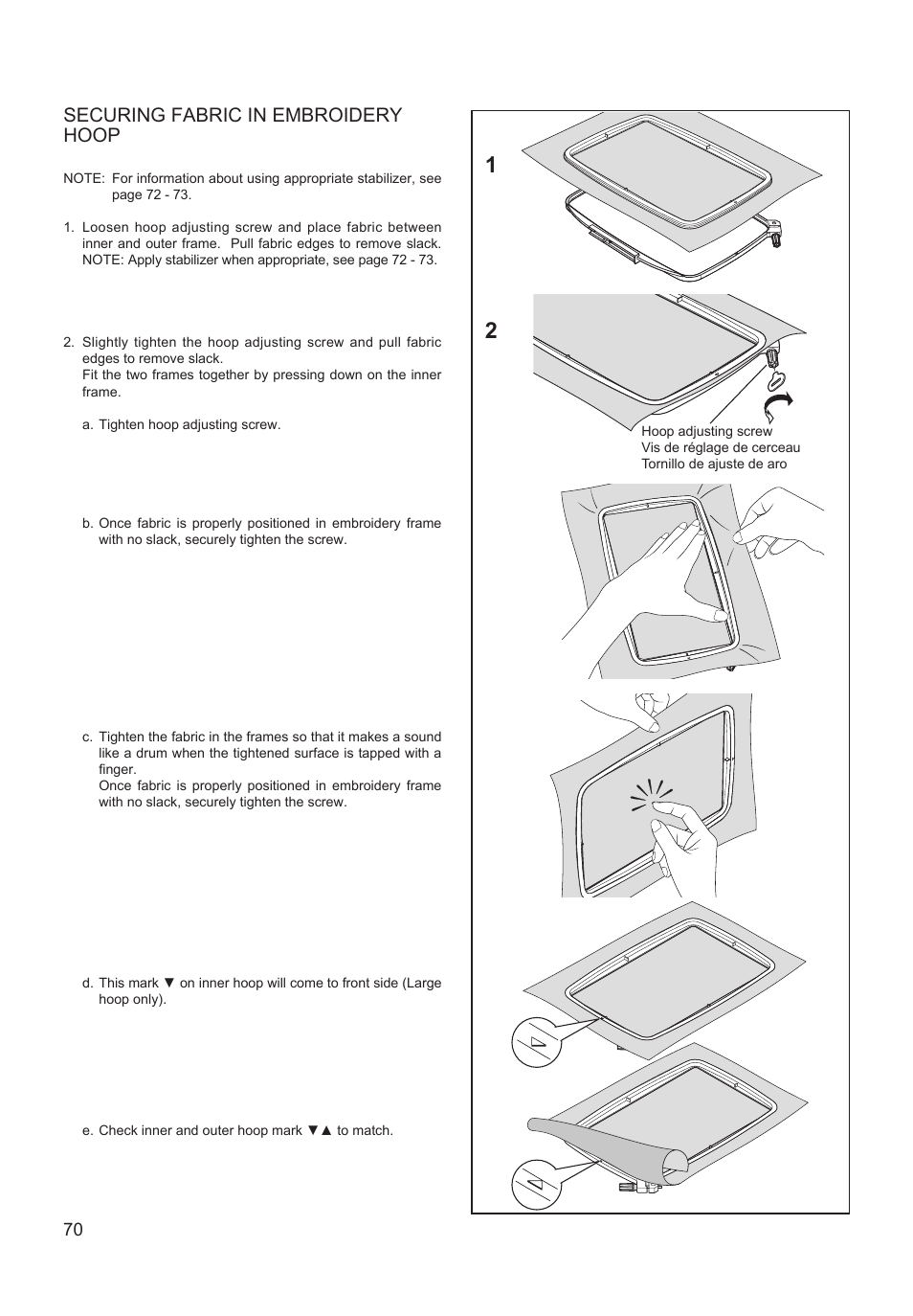 Securing fabric in embroidery hoop | SINGER XL-550 FUTURA Instruction Manual User Manual | Page 70 / 120