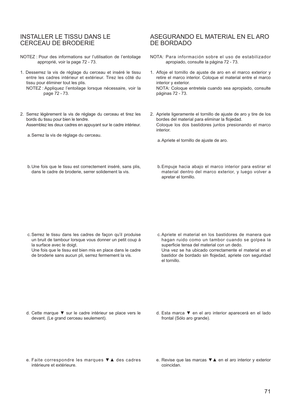 Installer le tissu dans le cerceau de broderie, Asegurando el material en el aro de bordado | SINGER XL-550 FUTURA Instruction Manual User Manual | Page 71 / 120