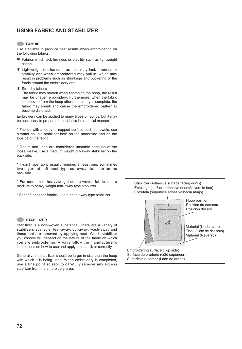 Using fabric and stabilizer | SINGER XL-550 FUTURA Instruction Manual User Manual | Page 72 / 120