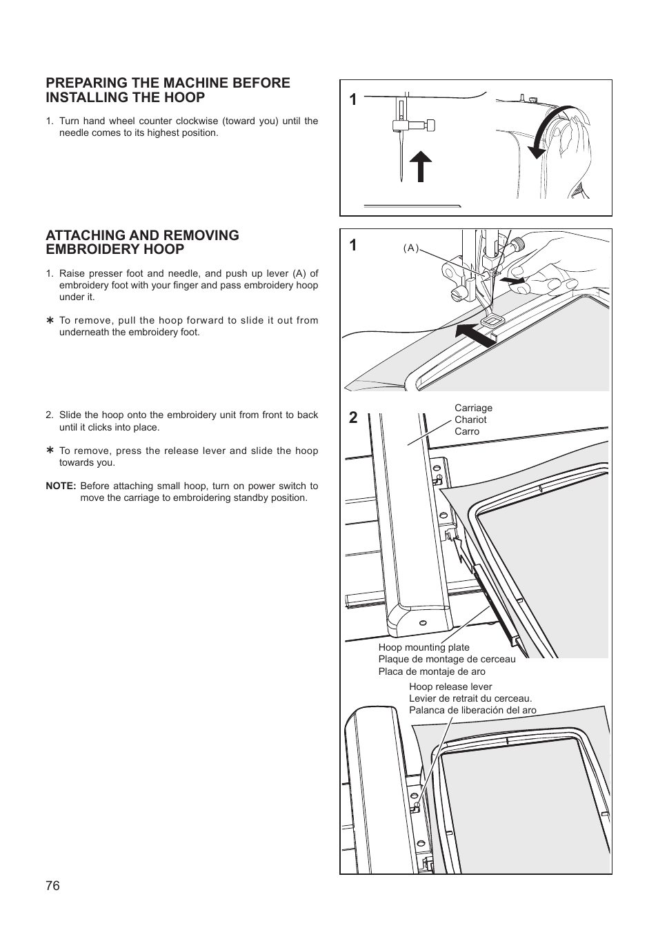 Preparing the machine before installing the hoop, Attaching and removing embroidery hoop | SINGER XL-550 FUTURA Instruction Manual User Manual | Page 76 / 120