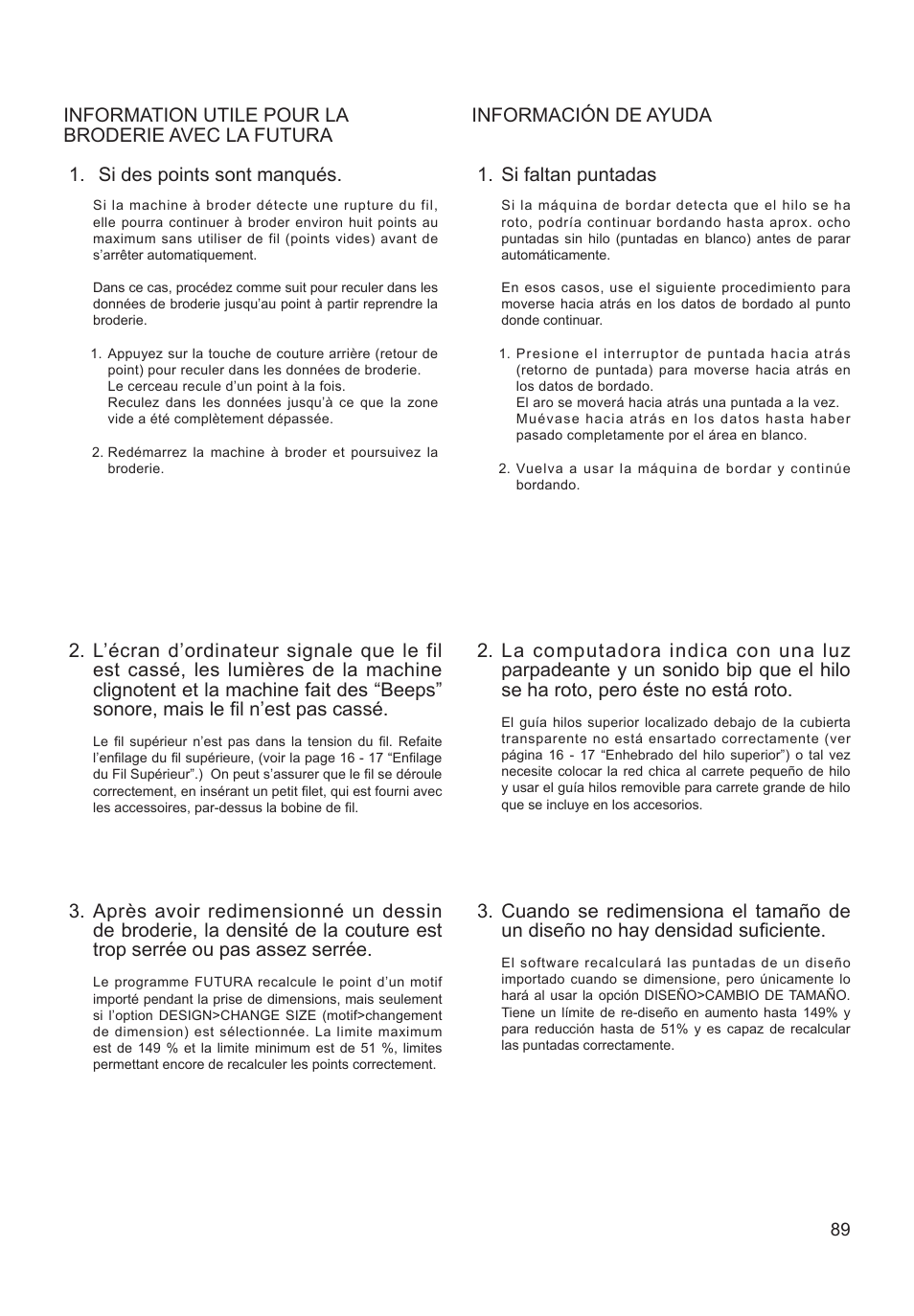 Si des points sont manqués, Si faltan puntadas | SINGER XL-550 FUTURA Instruction Manual User Manual | Page 89 / 120