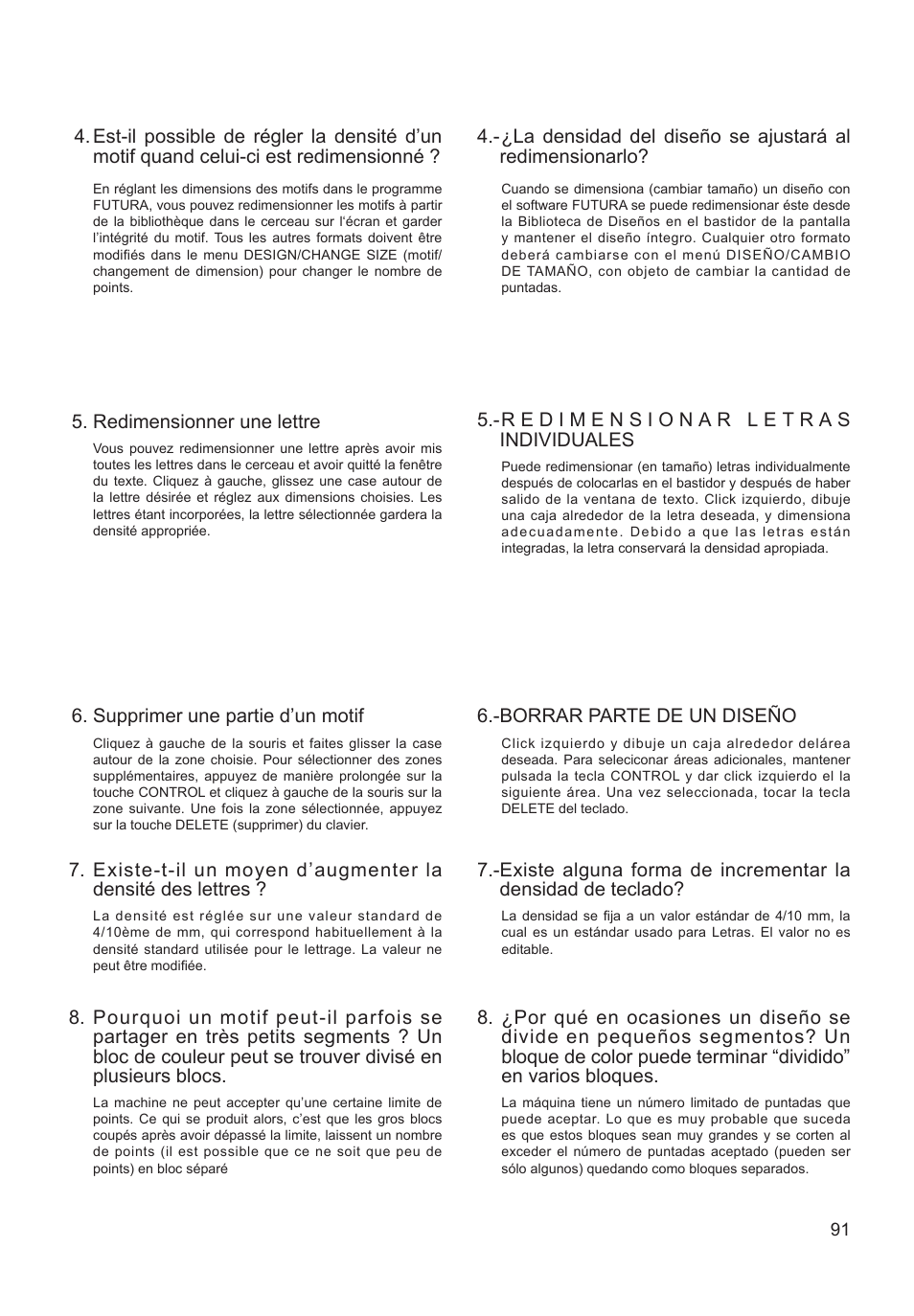 Redimensionner une lettre, Borrar parte de un diseño, Supprimer une partie d’un motif | SINGER XL-550 FUTURA Instruction Manual User Manual | Page 91 / 120