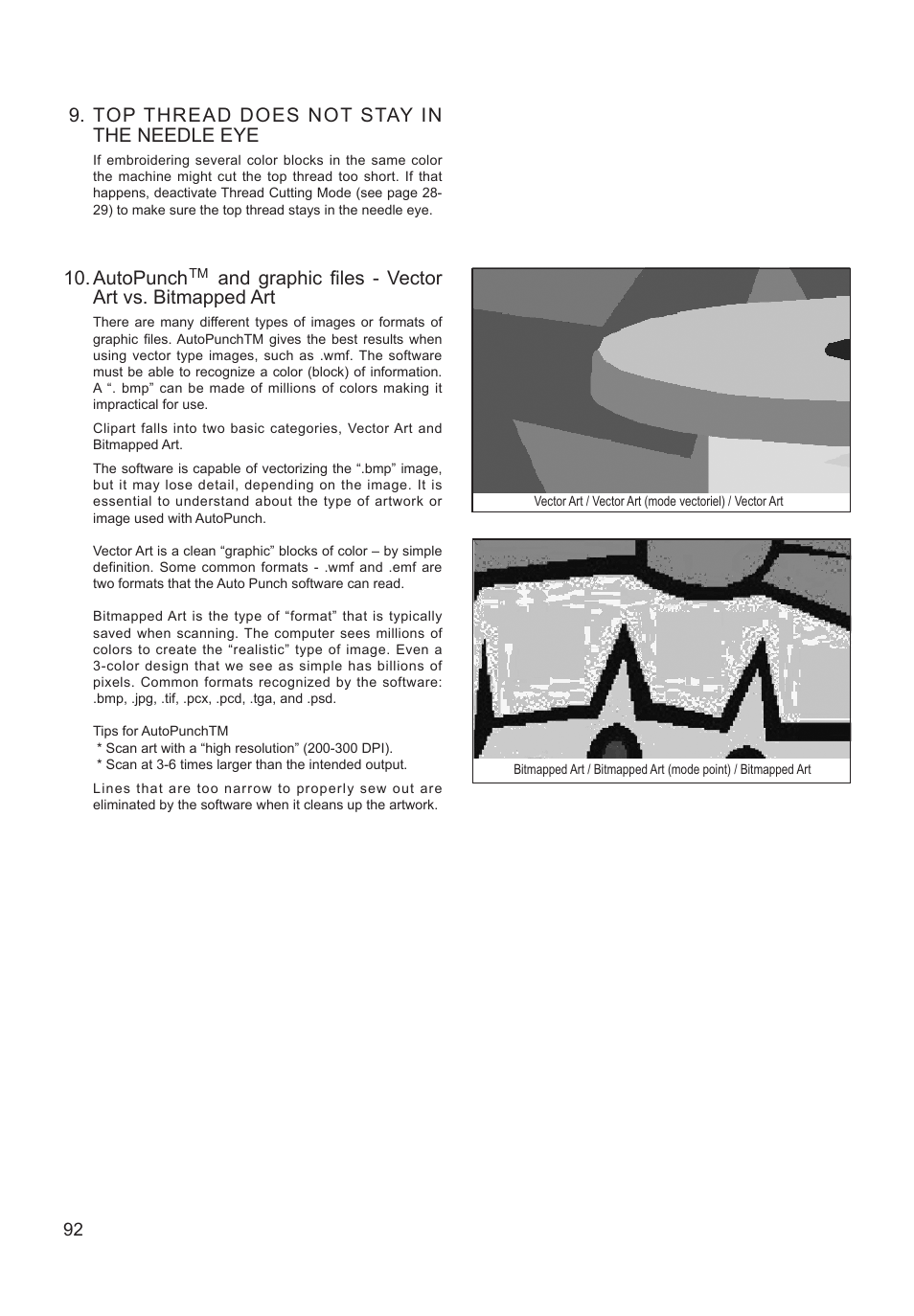 Autopunch, And graphic files - vector art vs. bitmapped art, Top thread does not stay in the needle eye | SINGER XL-550 FUTURA Instruction Manual User Manual | Page 92 / 120