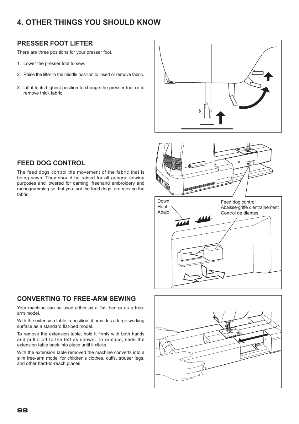 Other things you should know, Presser foot lifter, Feed dog control | Converting to free-arm sewing | SINGER XL-400 FUTURA Instruction Manual User Manual | Page 100 / 112