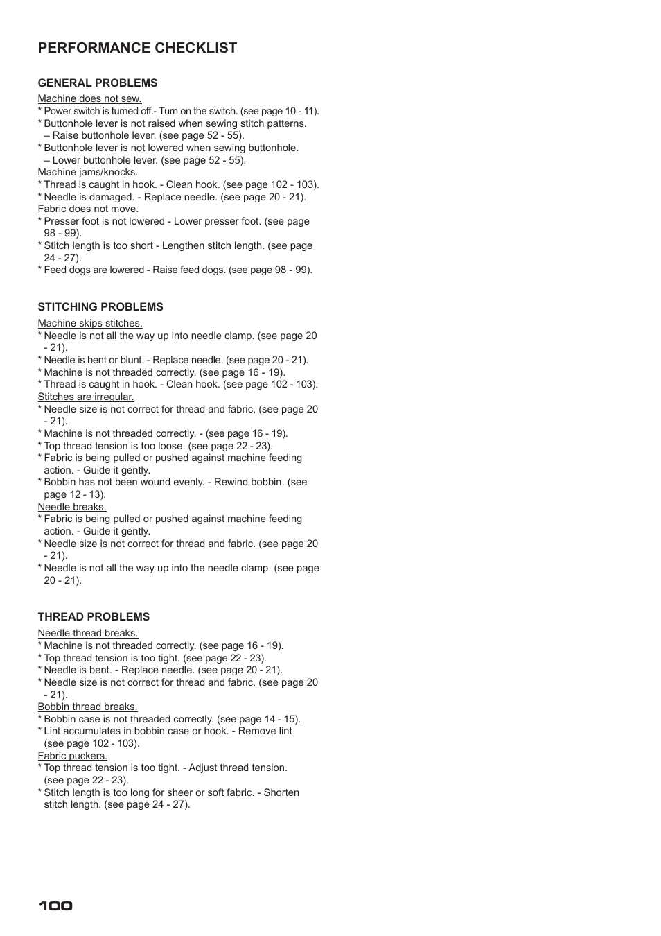 Performance checklist | SINGER XL-400 FUTURA Instruction Manual User Manual | Page 102 / 112