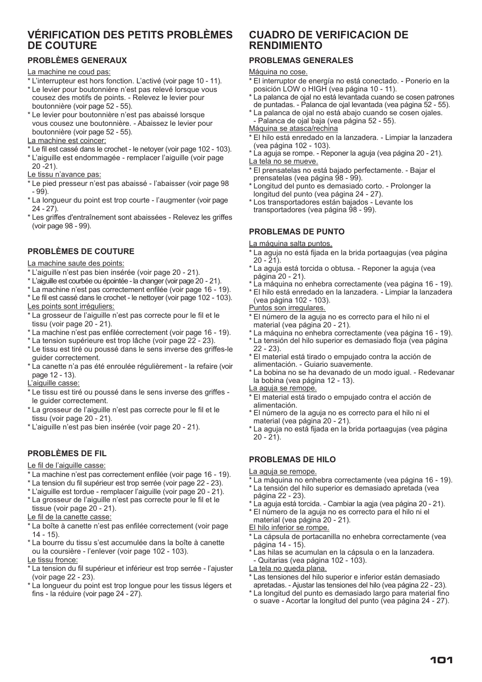 Cuadro de verificacion de rendimiento, Vérification des petits problèmes de couture | SINGER XL-400 FUTURA Instruction Manual User Manual | Page 103 / 112