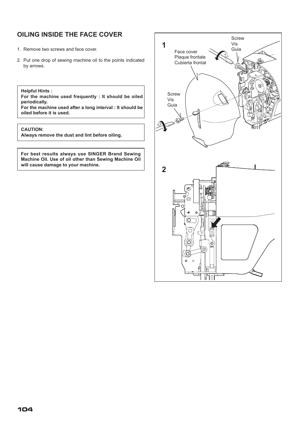 Oiling inside the face cover | SINGER XL-400 FUTURA Instruction Manual User Manual | Page 106 / 112