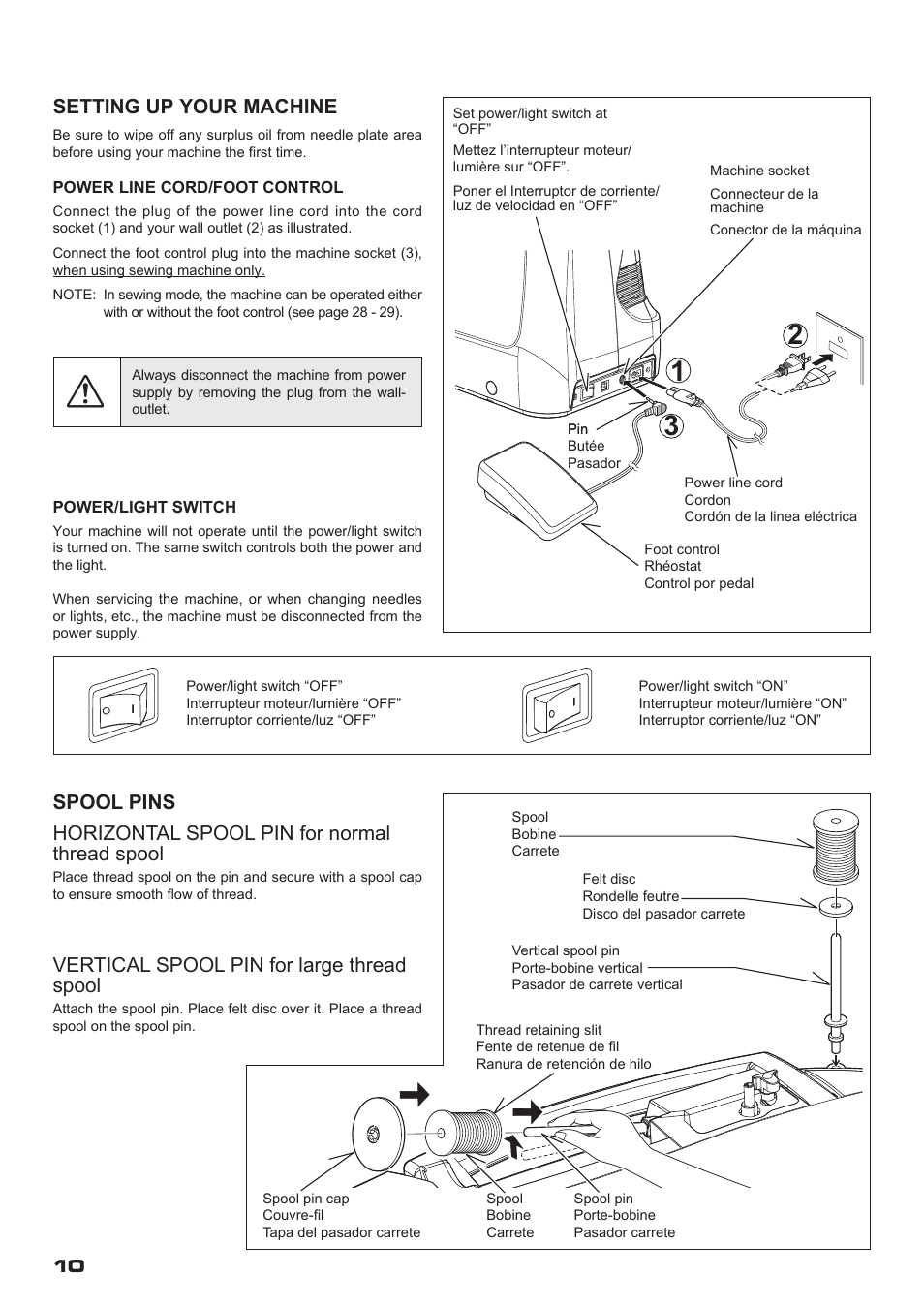 Setting up your machine, Vertical spool pin for large thread spool | SINGER XL-400 FUTURA Instruction Manual User Manual | Page 12 / 112