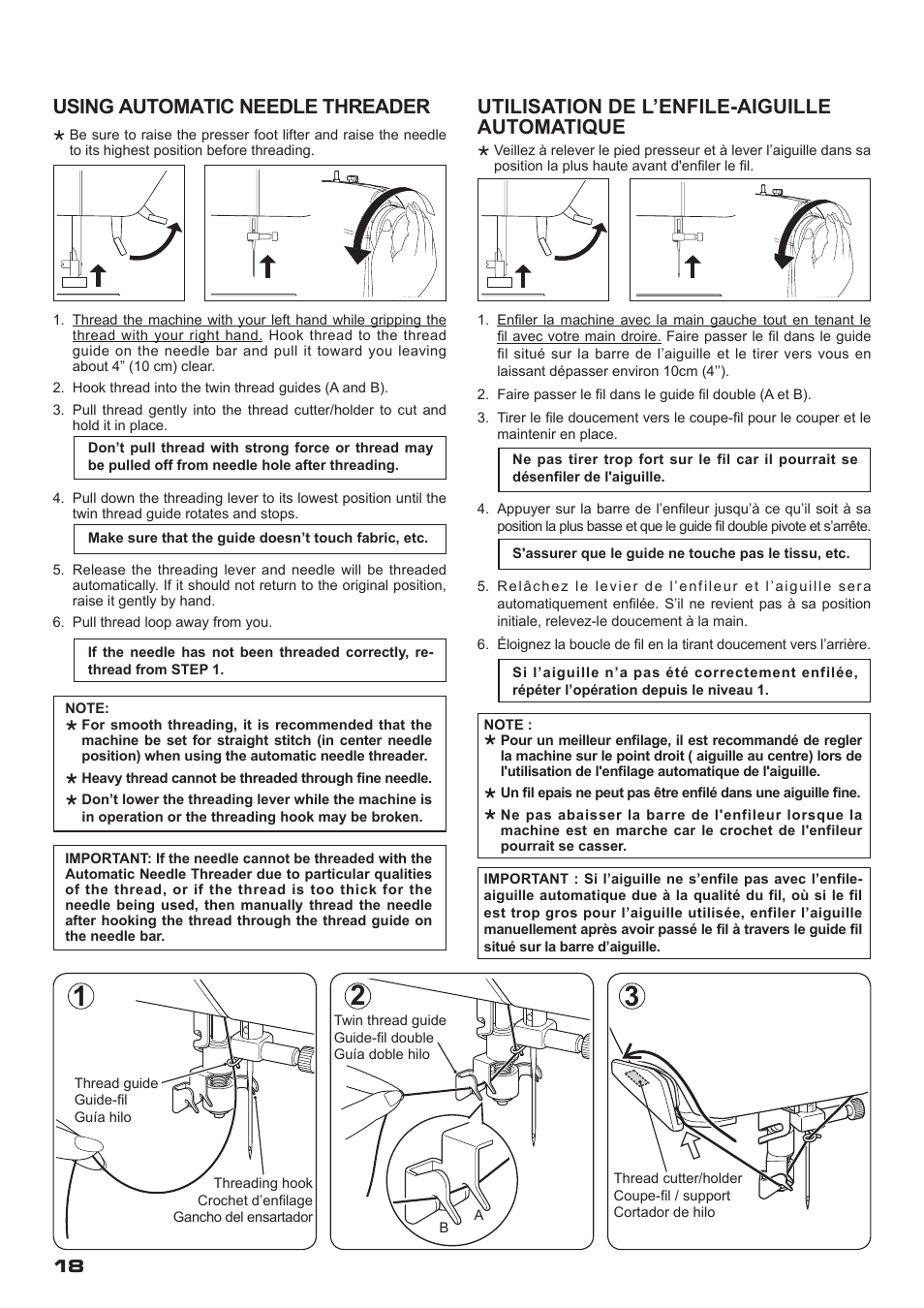 Utilisation de l’enfile-aiguille automatique, Using automatic needle threader | SINGER XL-400 FUTURA Instruction Manual User Manual | Page 20 / 112