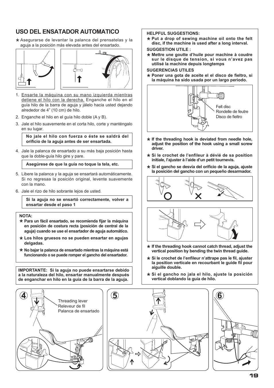 Uso del ensatador automatico | SINGER XL-400 FUTURA Instruction Manual User Manual | Page 21 / 112
