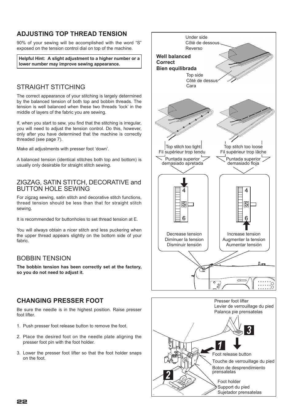 Changing presser foot, Adjusting top thread tension, Straight stitching | Bobbin tension | SINGER XL-400 FUTURA Instruction Manual User Manual | Page 24 / 112