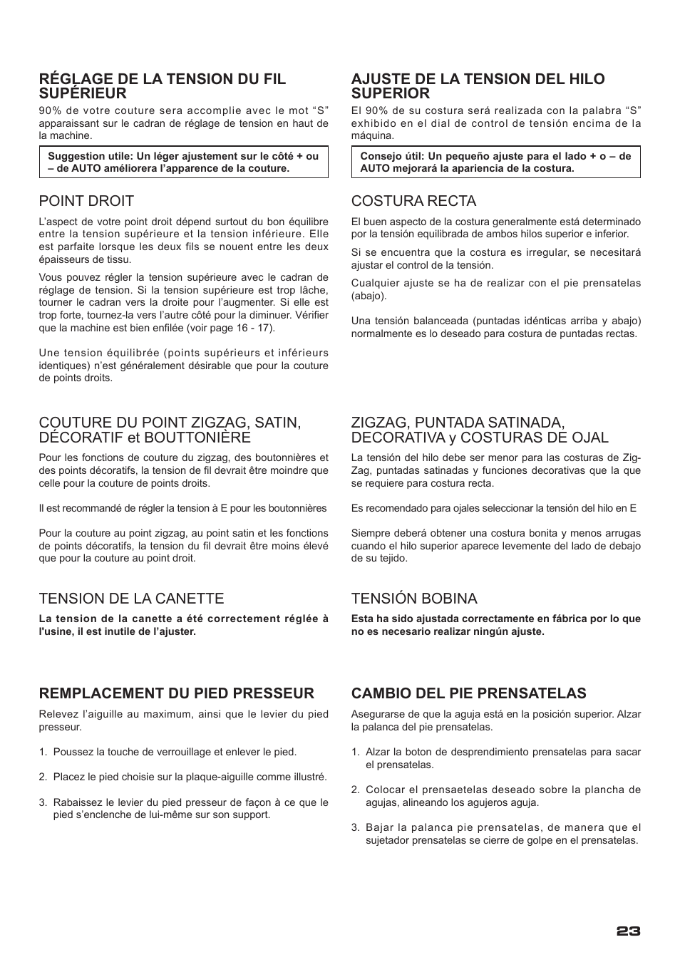 Réglage de la tension du fil supérieur, Ajuste de la tension del hilo superior, Point droit | Tension de la canette, Remplacement du pied presseur, Costura recta, Tensión bobina, Cambio del pie prensatelas | SINGER XL-400 FUTURA Instruction Manual User Manual | Page 25 / 112
