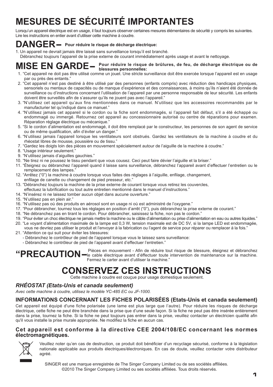 Precaution, Conservez ces instructions | SINGER XL-400 FUTURA Instruction Manual User Manual | Page 3 / 112