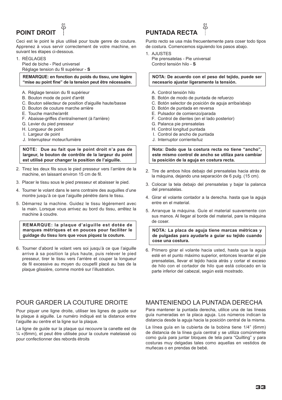 Point droit, Pour garder la couture droite, Puntada recta | Manteniendo la puntada derecha | SINGER XL-400 FUTURA Instruction Manual User Manual | Page 35 / 112