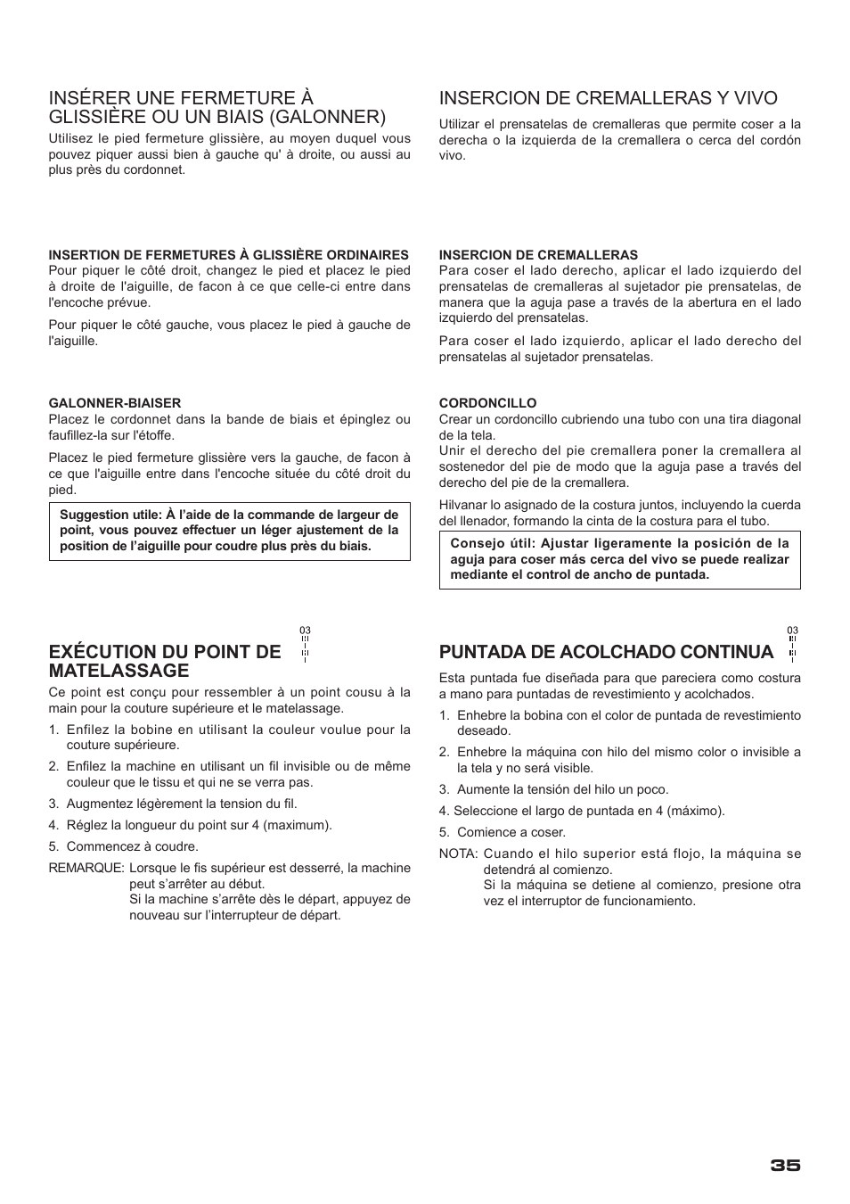 Exécution du point de matelassage, Insercion de cremalleras y vivo, Puntada de acolchado continua | SINGER XL-400 FUTURA Instruction Manual User Manual | Page 37 / 112