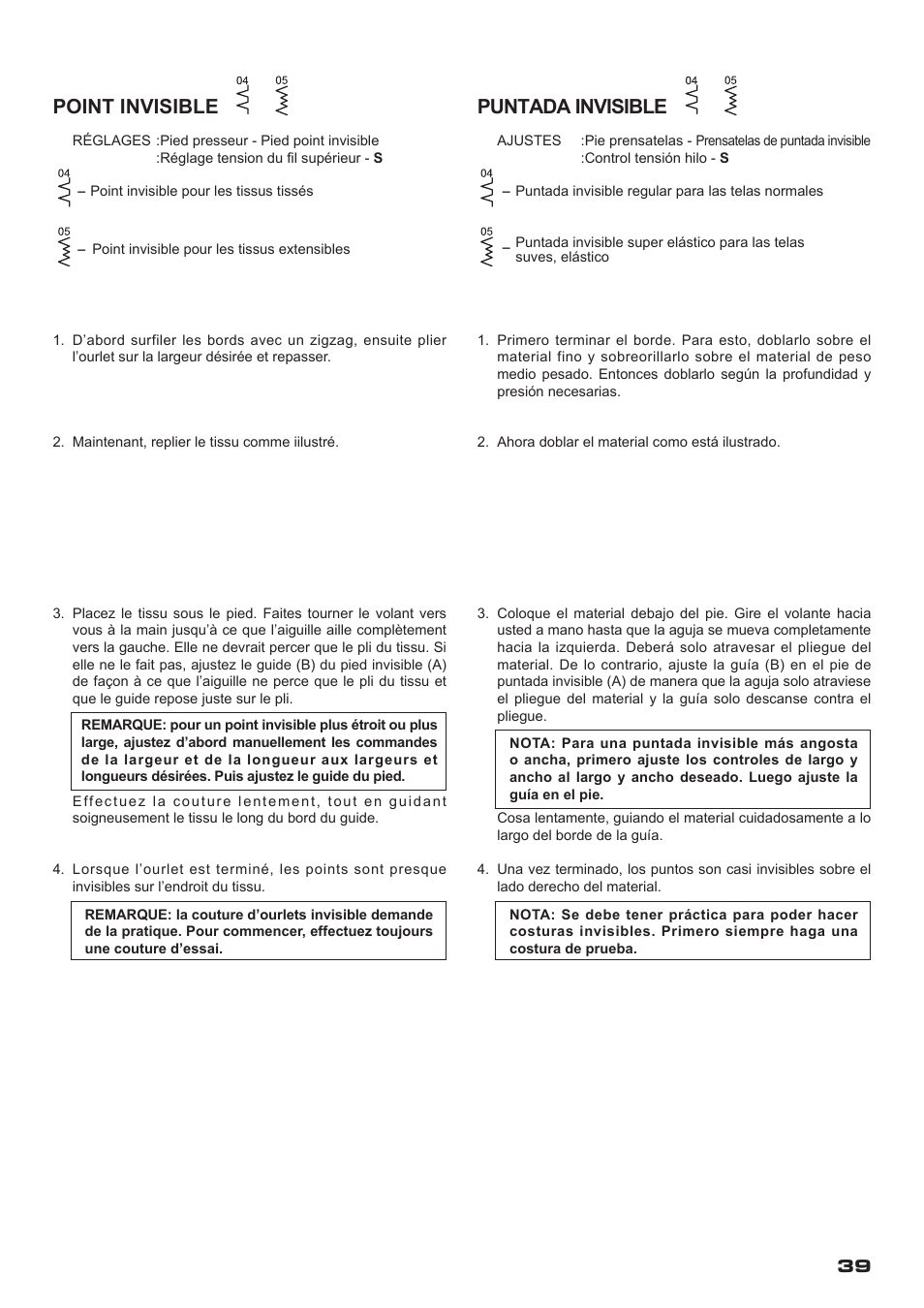 Point invisible, Puntada invisible | SINGER XL-400 FUTURA Instruction Manual User Manual | Page 41 / 112