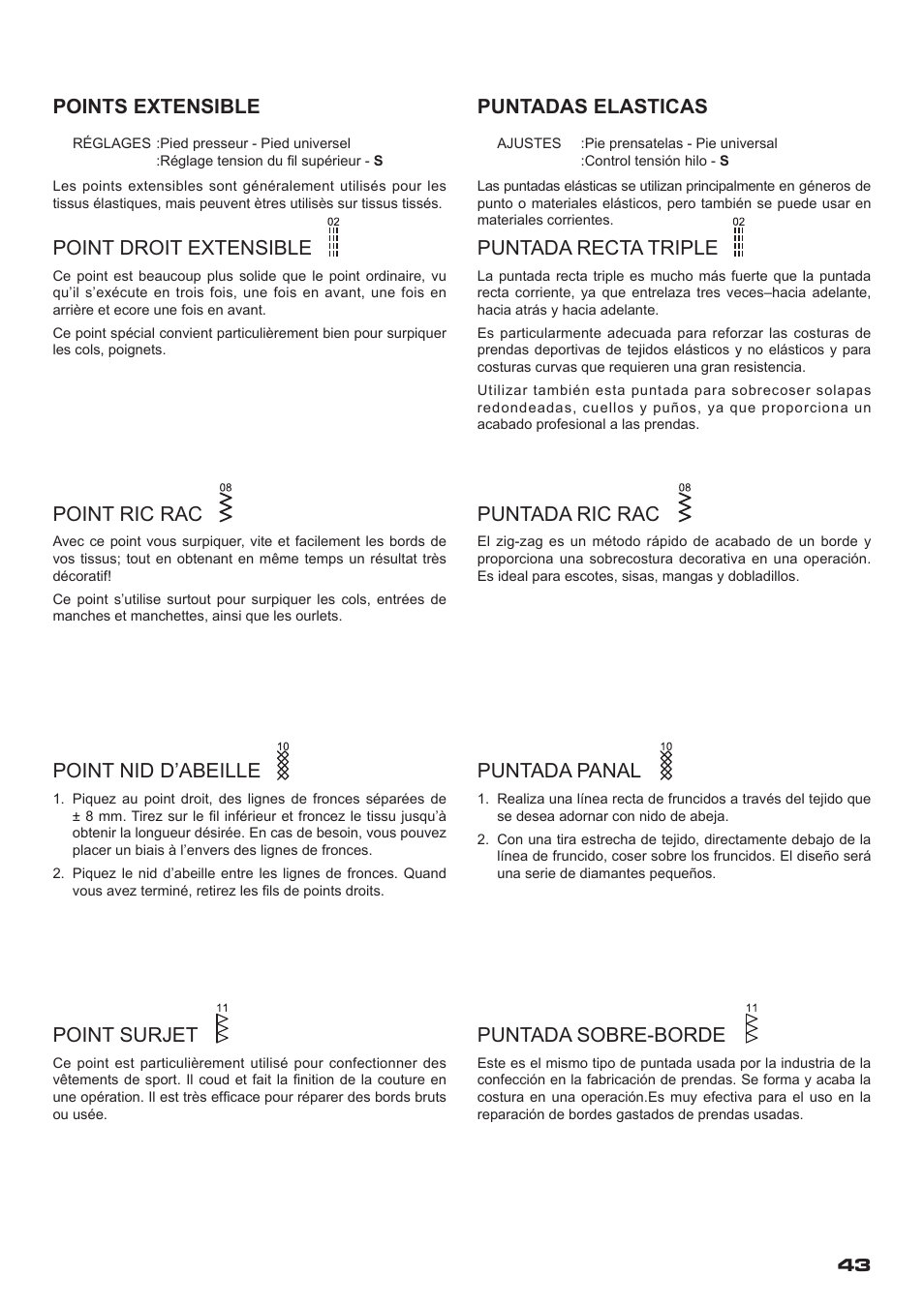Point ric rac, Puntada ric rac, Points extensible | Point droit extensible, Puntadas elasticas, Puntada recta triple, Point nid d’abeille, Puntada panal, Point surjet, Puntada sobre-borde | SINGER XL-400 FUTURA Instruction Manual User Manual | Page 45 / 112