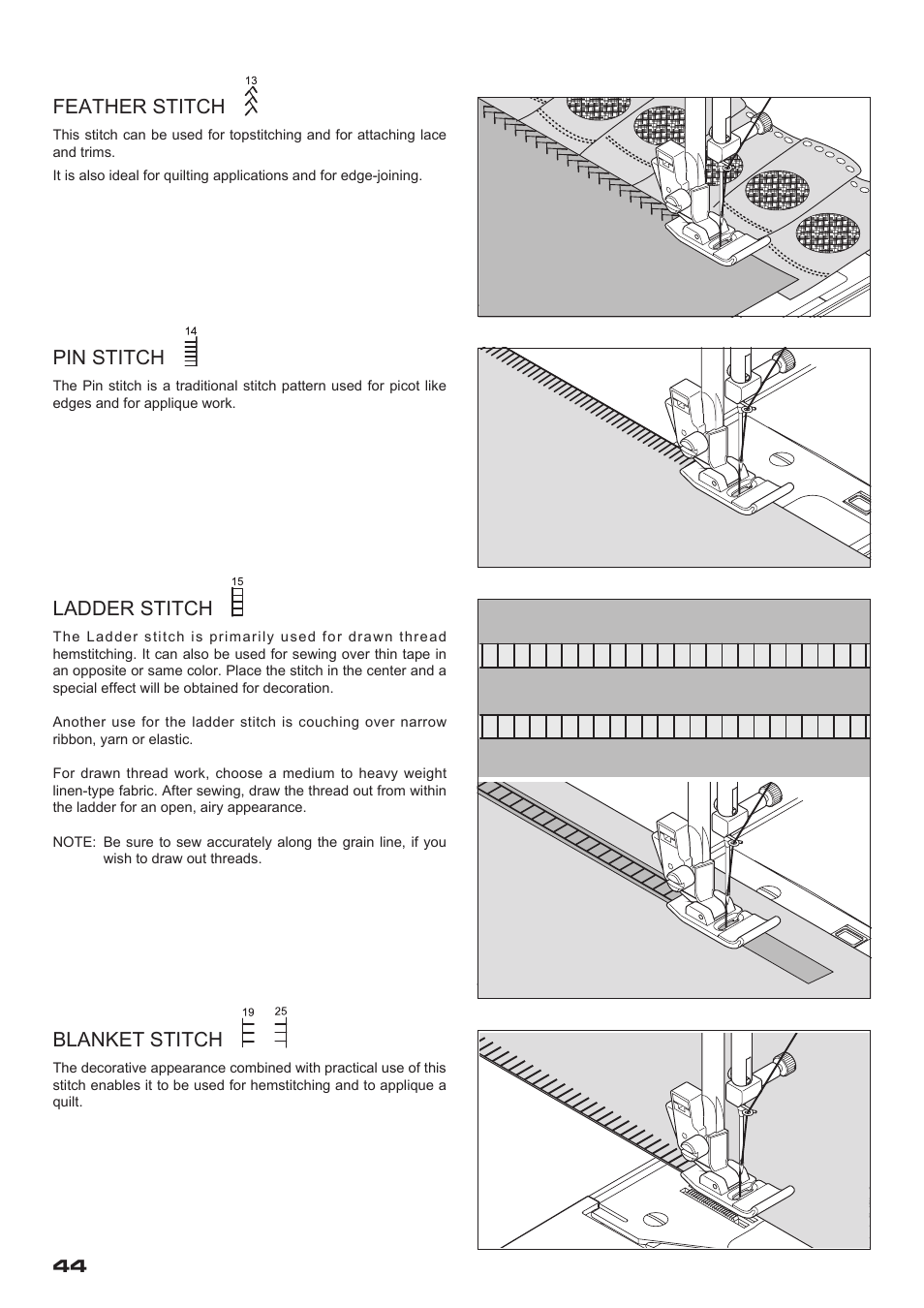 Blanket stitch, Feather stitch, Pin stitch | Ladder stitch | SINGER XL-400 FUTURA Instruction Manual User Manual | Page 46 / 112