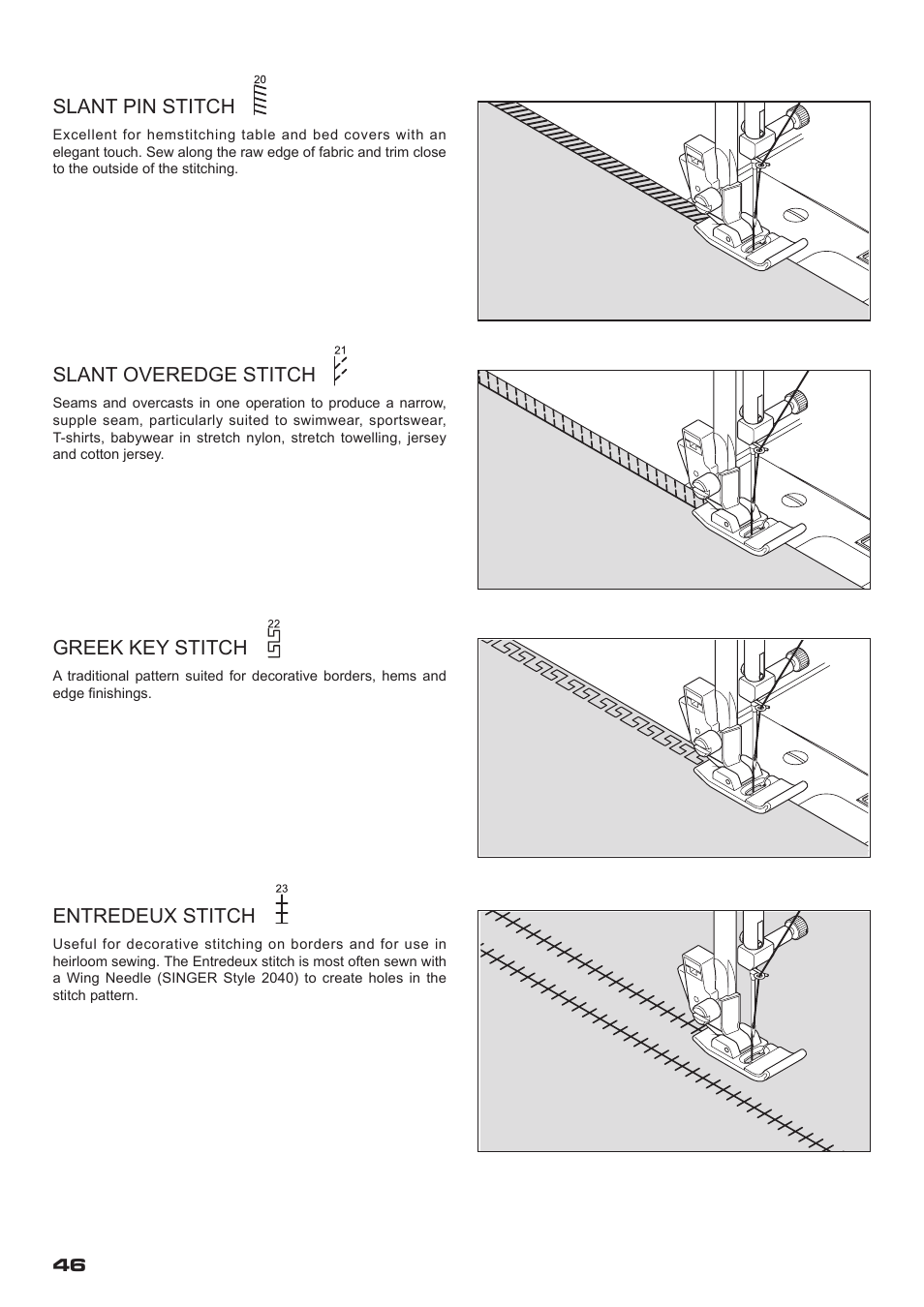 Slant pin stitch, Slant overedge stitch, Greek key stitch | Entredeux stitch | SINGER XL-400 FUTURA Instruction Manual User Manual | Page 48 / 112