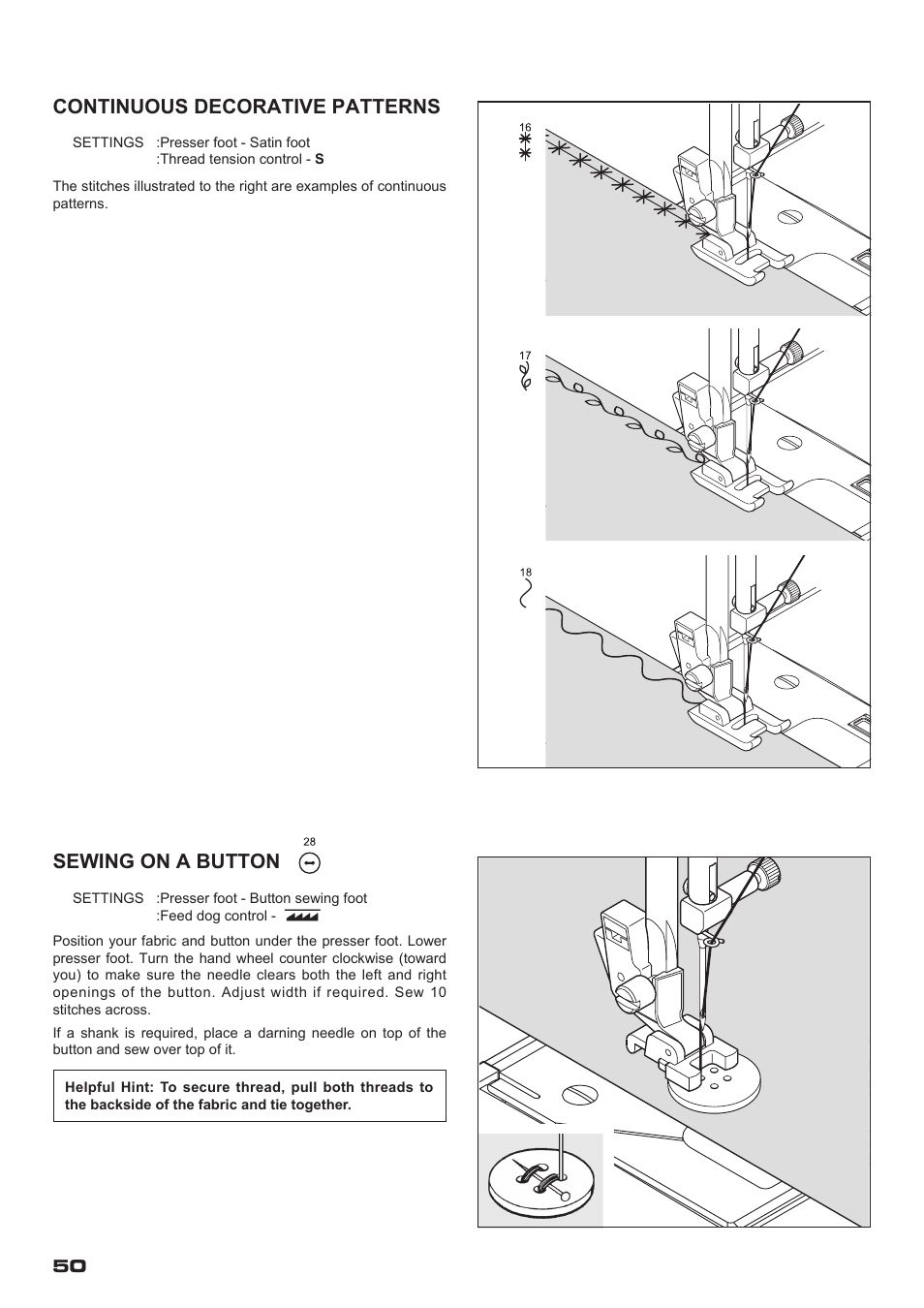 Continuous decorative patterns, Sewing on a button | SINGER XL-400 FUTURA Instruction Manual User Manual | Page 52 / 112