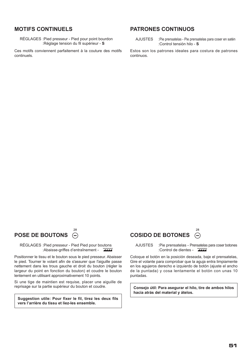 Motifs continuels, Patrones continuos, Pose de boutons | Cosido de botones | SINGER XL-400 FUTURA Instruction Manual User Manual | Page 53 / 112