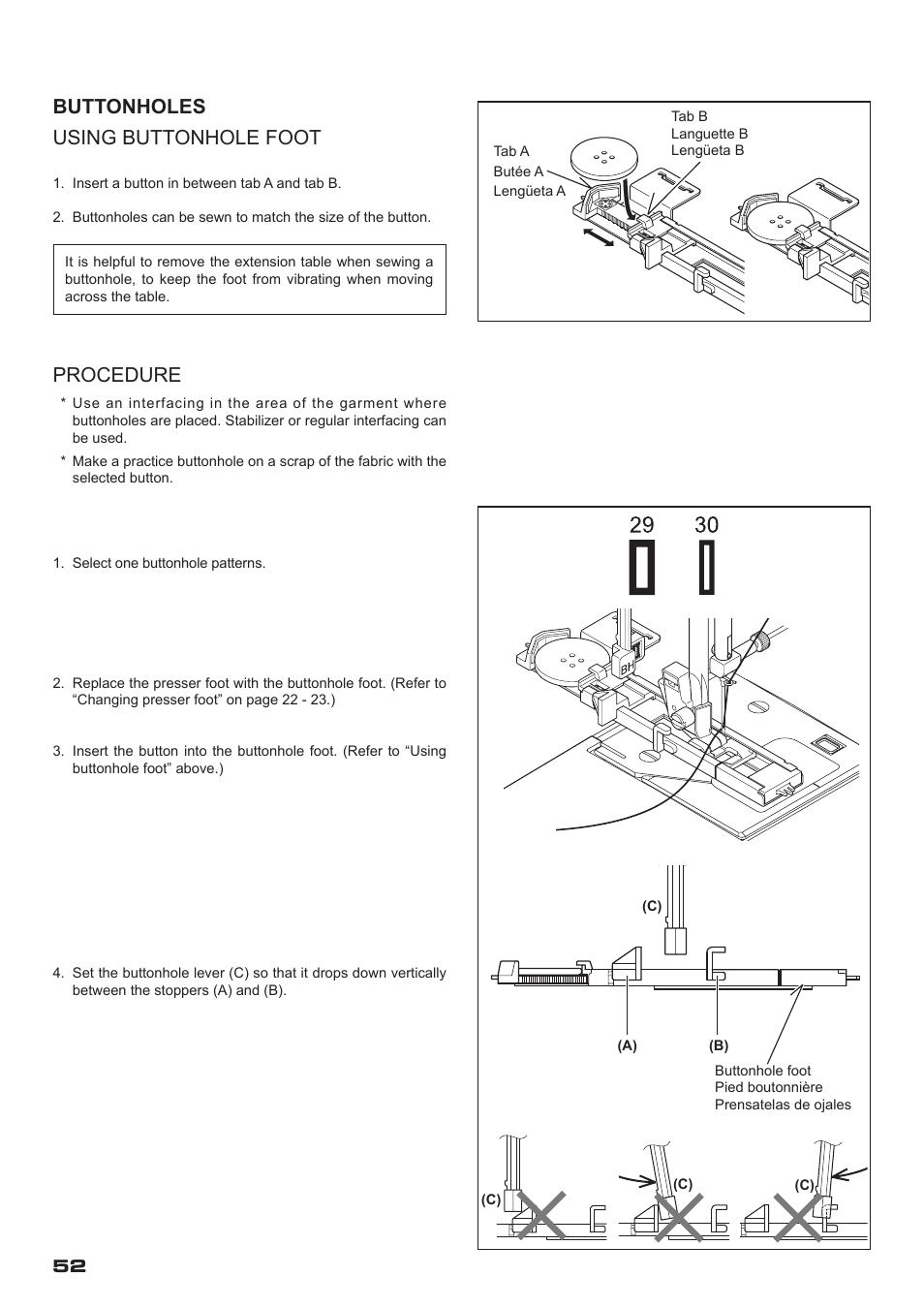 Buttonholes using buttonhole foot, Procedure | SINGER XL-400 FUTURA Instruction Manual User Manual | Page 54 / 112
