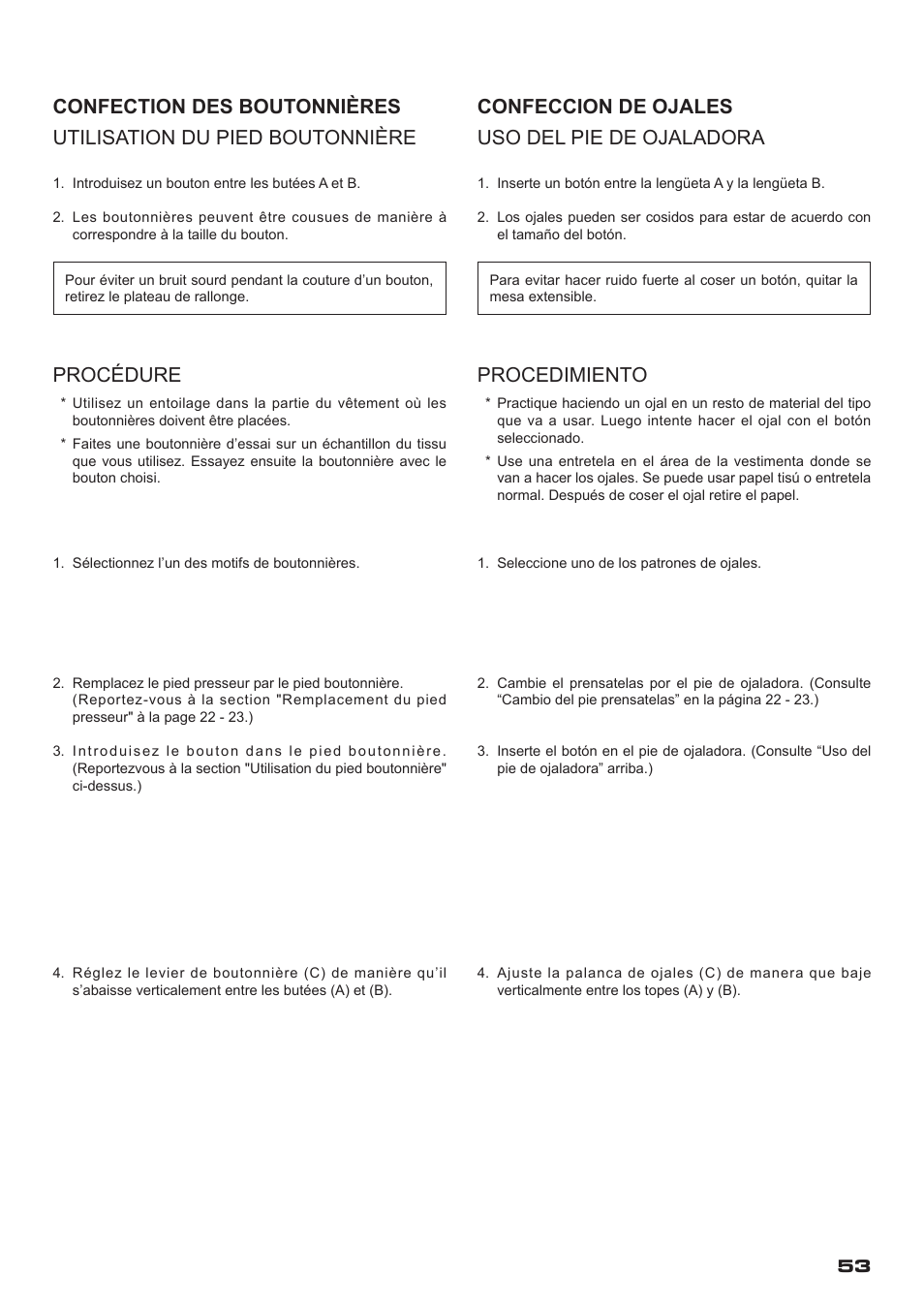 Confeccion de ojales uso del pie de ojaladora, Procedimiento, Procédure | SINGER XL-400 FUTURA Instruction Manual User Manual | Page 55 / 112