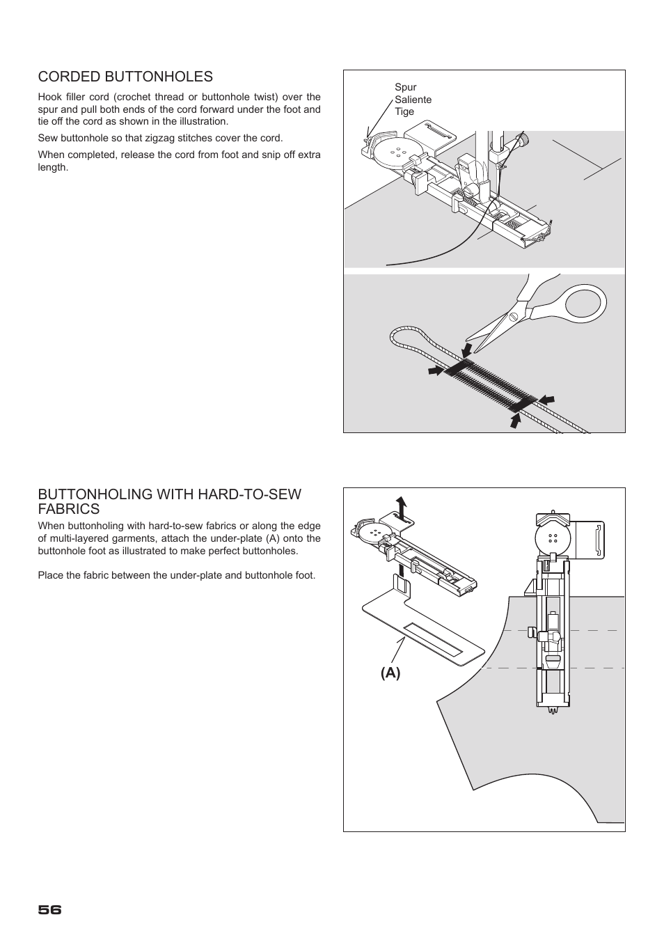 Corded buttonholes, Buttonholing with hard-to-sew fabrics | SINGER XL-400 FUTURA Instruction Manual User Manual | Page 58 / 112