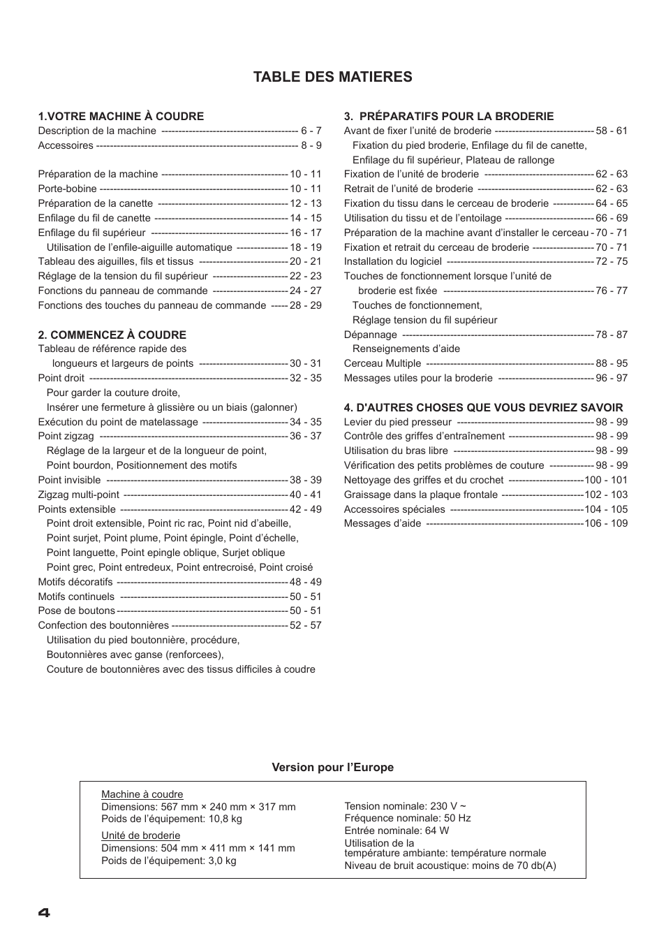 Table des matieres | SINGER XL-400 FUTURA Instruction Manual User Manual | Page 6 / 112