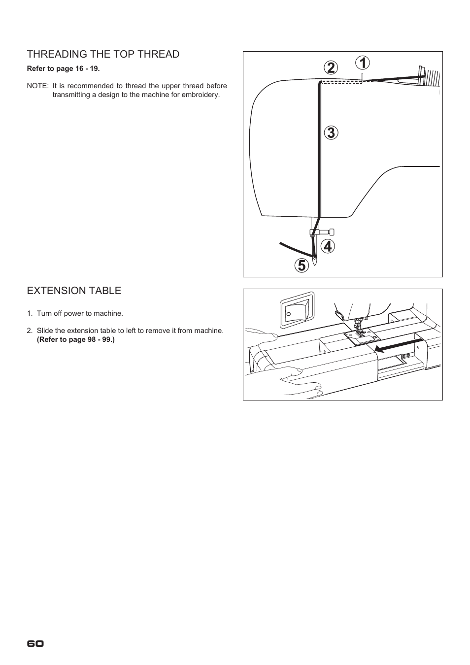 Threading the top thread, Extension table | SINGER XL-400 FUTURA Instruction Manual User Manual | Page 62 / 112