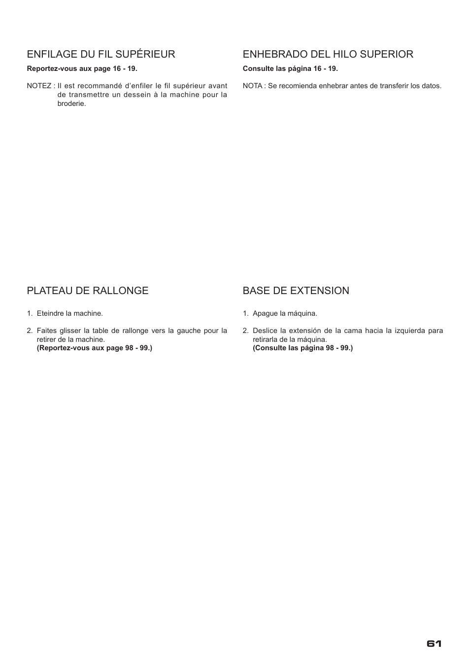Enfilage du fil supérieur, Plateau de rallonge, Enhebrado del hilo superior | Base de extension | SINGER XL-400 FUTURA Instruction Manual User Manual | Page 63 / 112