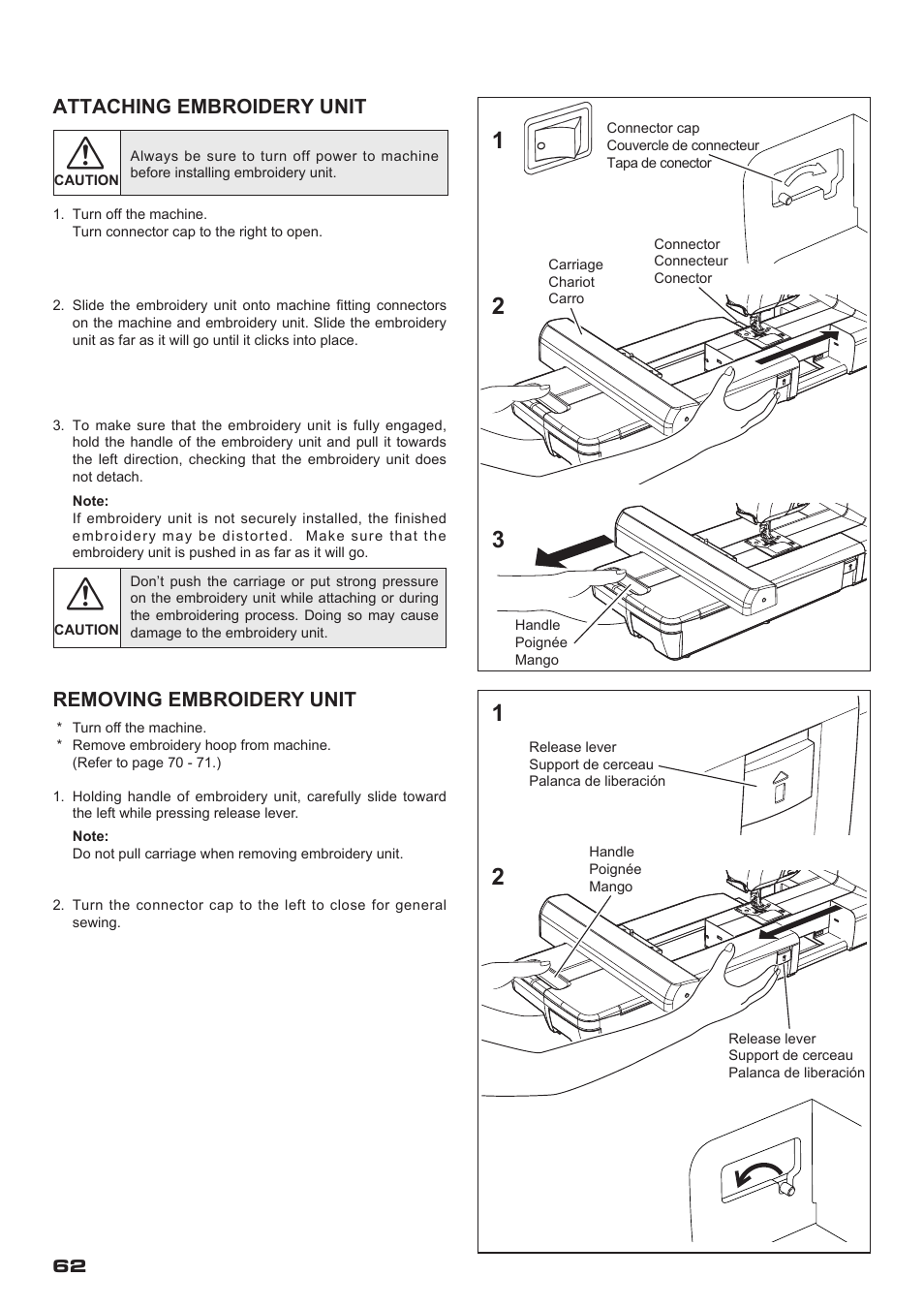 Attaching embroidery unit, Removing embroidery unit | SINGER XL-400 FUTURA Instruction Manual User Manual | Page 64 / 112