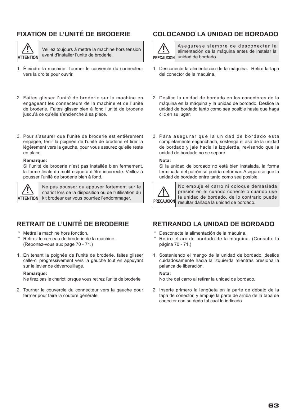 Fixation de l’unité de broderie, Colocando la unidad de bordado, Retrait de l’unité de broderie | Retirando la unidad de bordado | SINGER XL-400 FUTURA Instruction Manual User Manual | Page 65 / 112