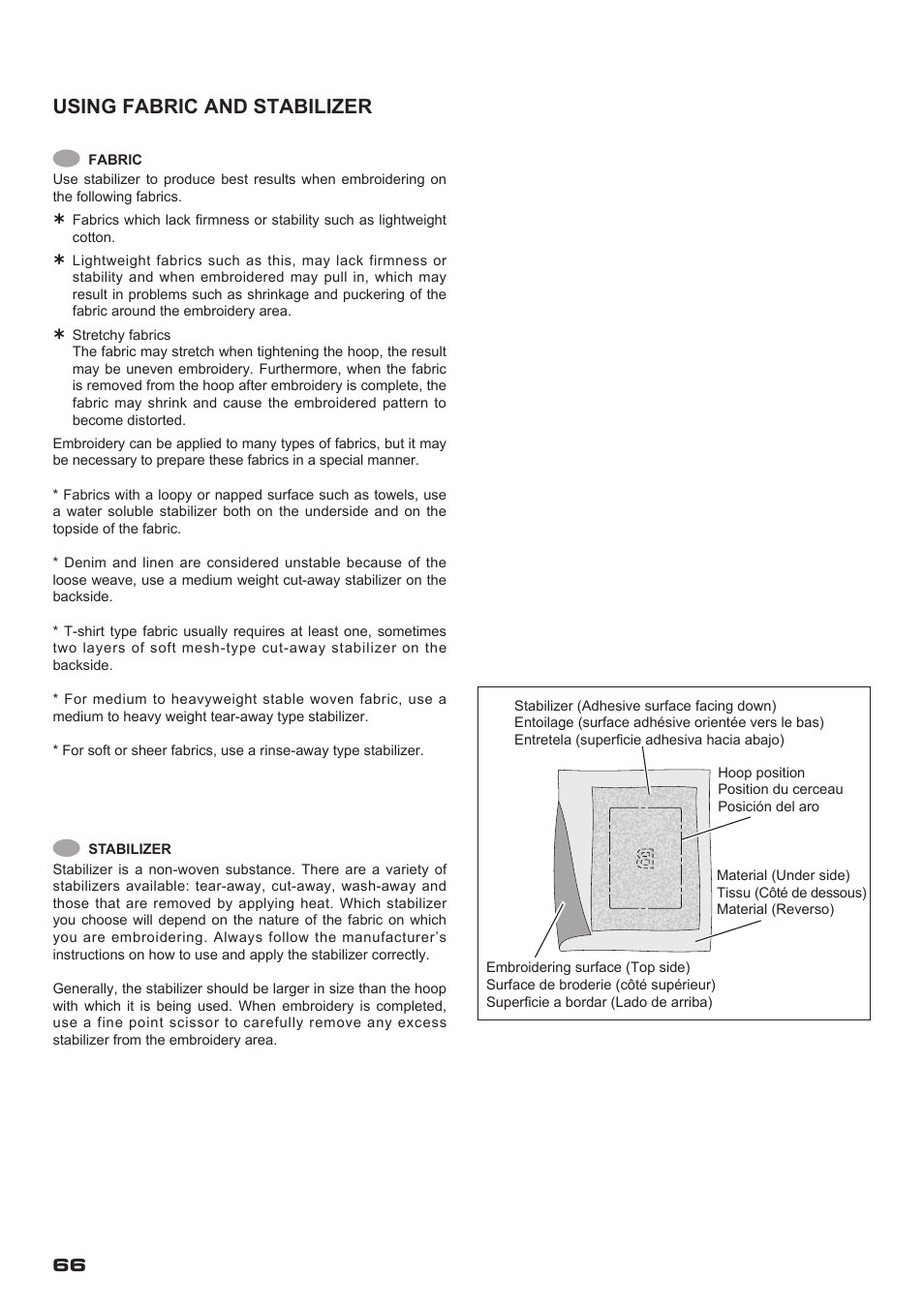 Using fabric and stabilizer | SINGER XL-400 FUTURA Instruction Manual User Manual | Page 68 / 112