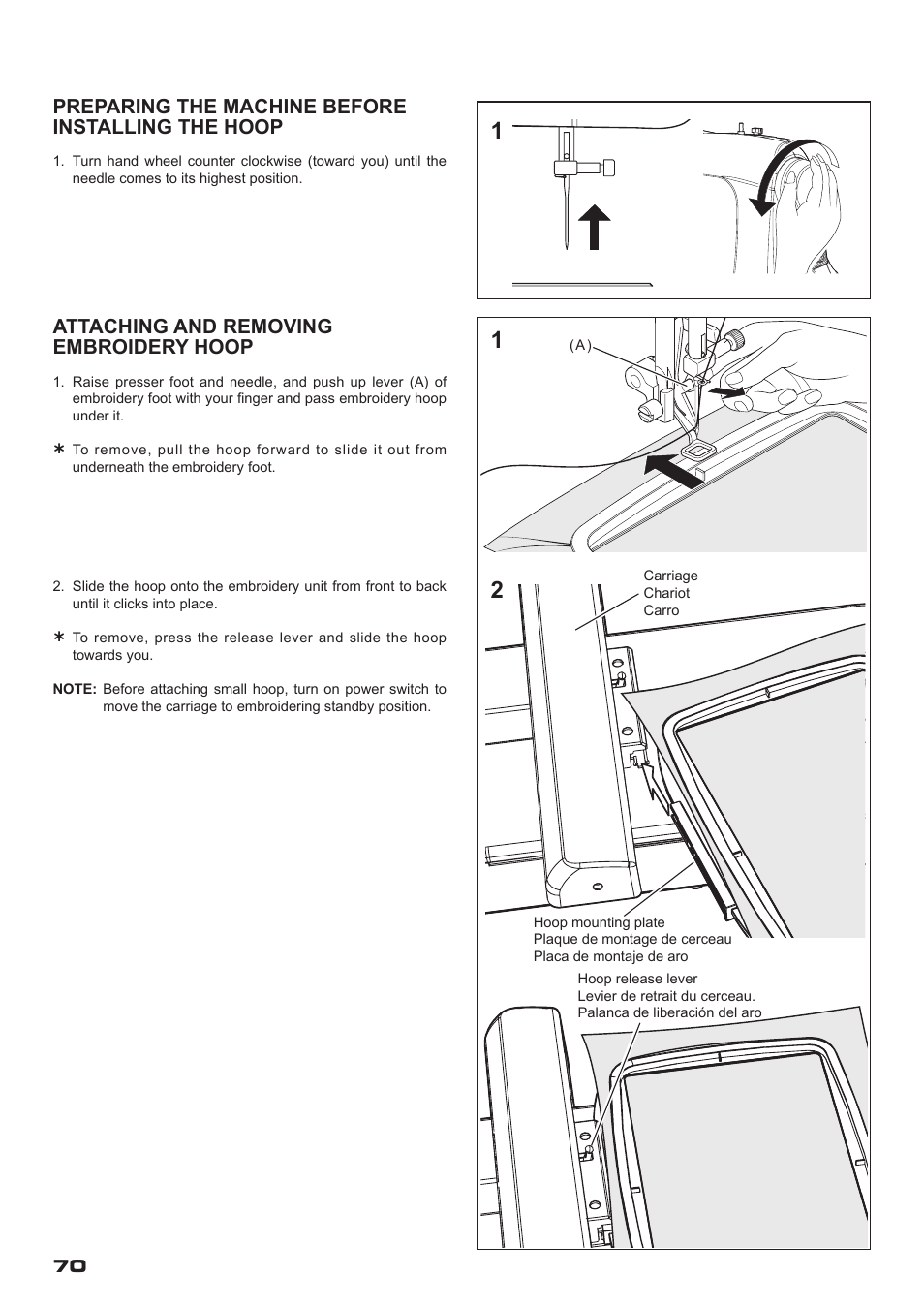 Preparing the machine before installing the hoop, Attaching and removing embroidery hoop | SINGER XL-400 FUTURA Instruction Manual User Manual | Page 72 / 112