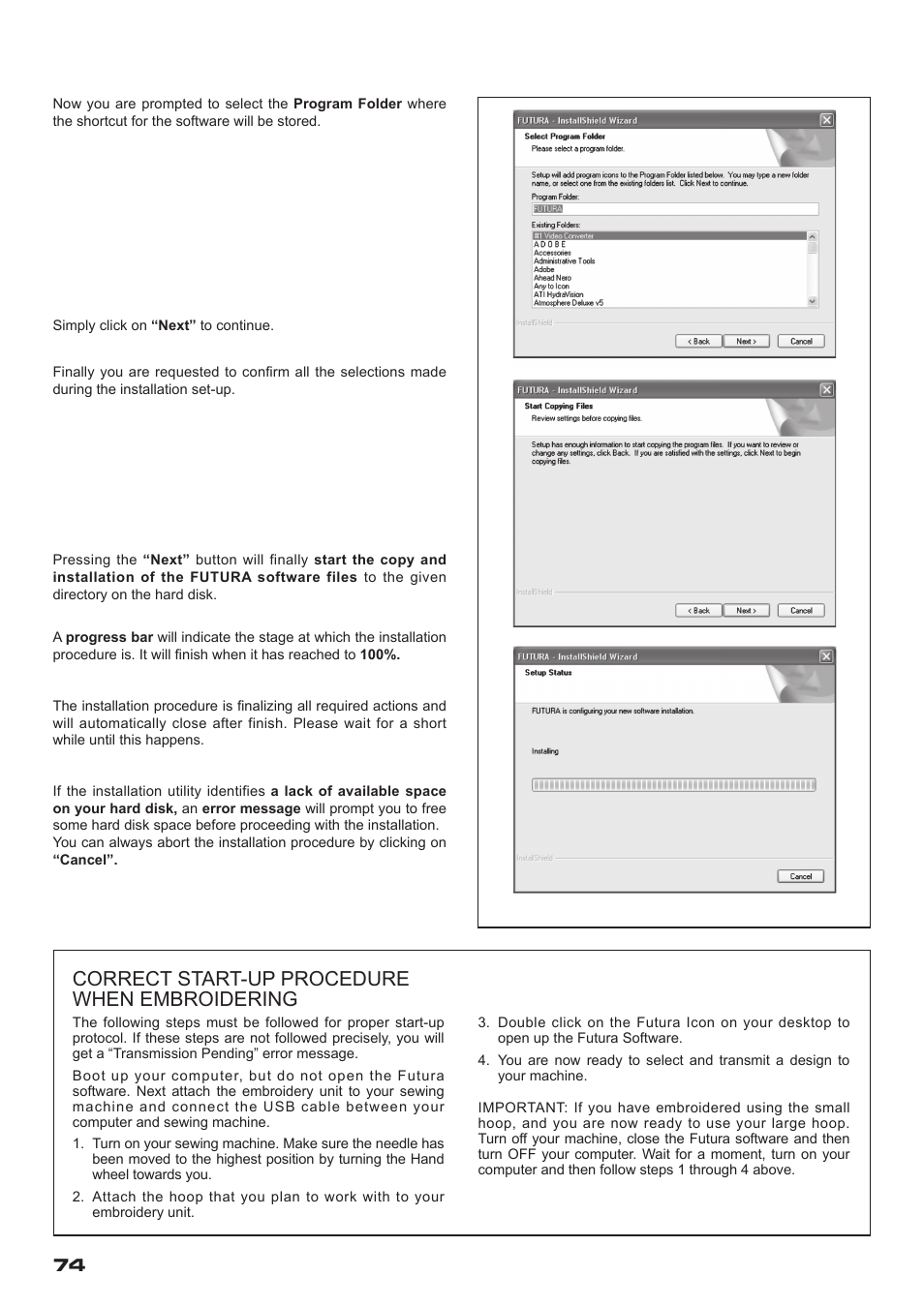 Correct start-up procedure when embroidering | SINGER XL-400 FUTURA Instruction Manual User Manual | Page 76 / 112