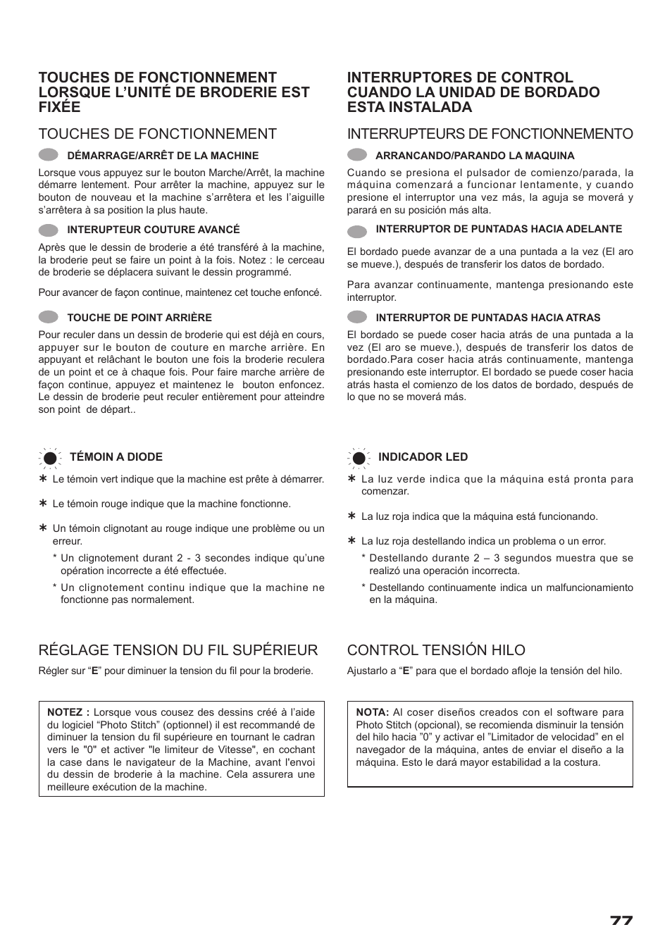 Réglage tension du fil supérieur, Control tensión hilo | SINGER XL-400 FUTURA Instruction Manual User Manual | Page 79 / 112