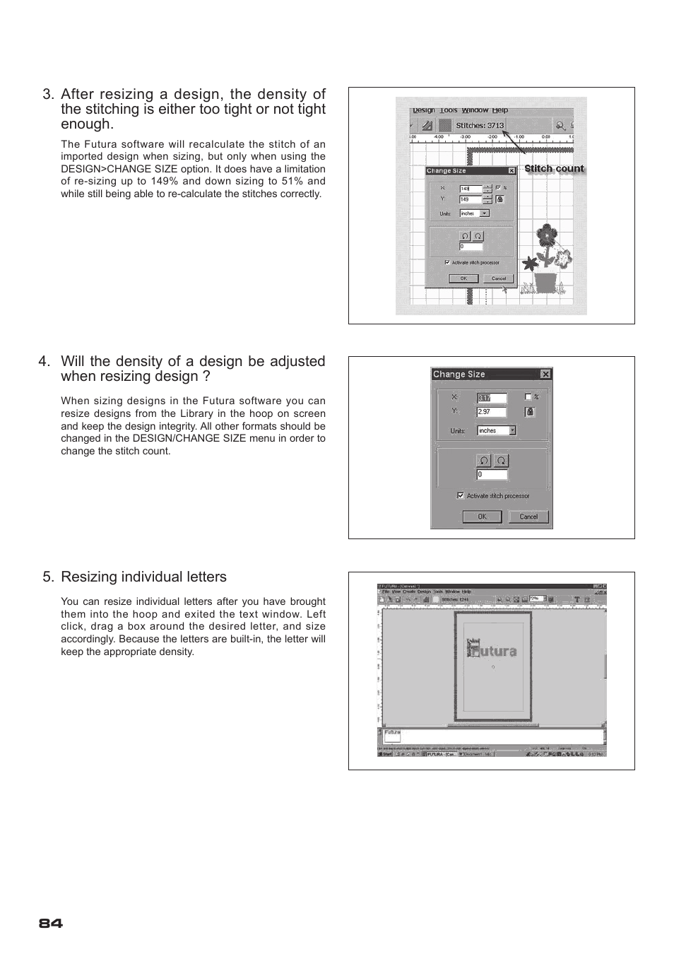 Resizing individual letters | SINGER XL-400 FUTURA Instruction Manual User Manual | Page 86 / 112