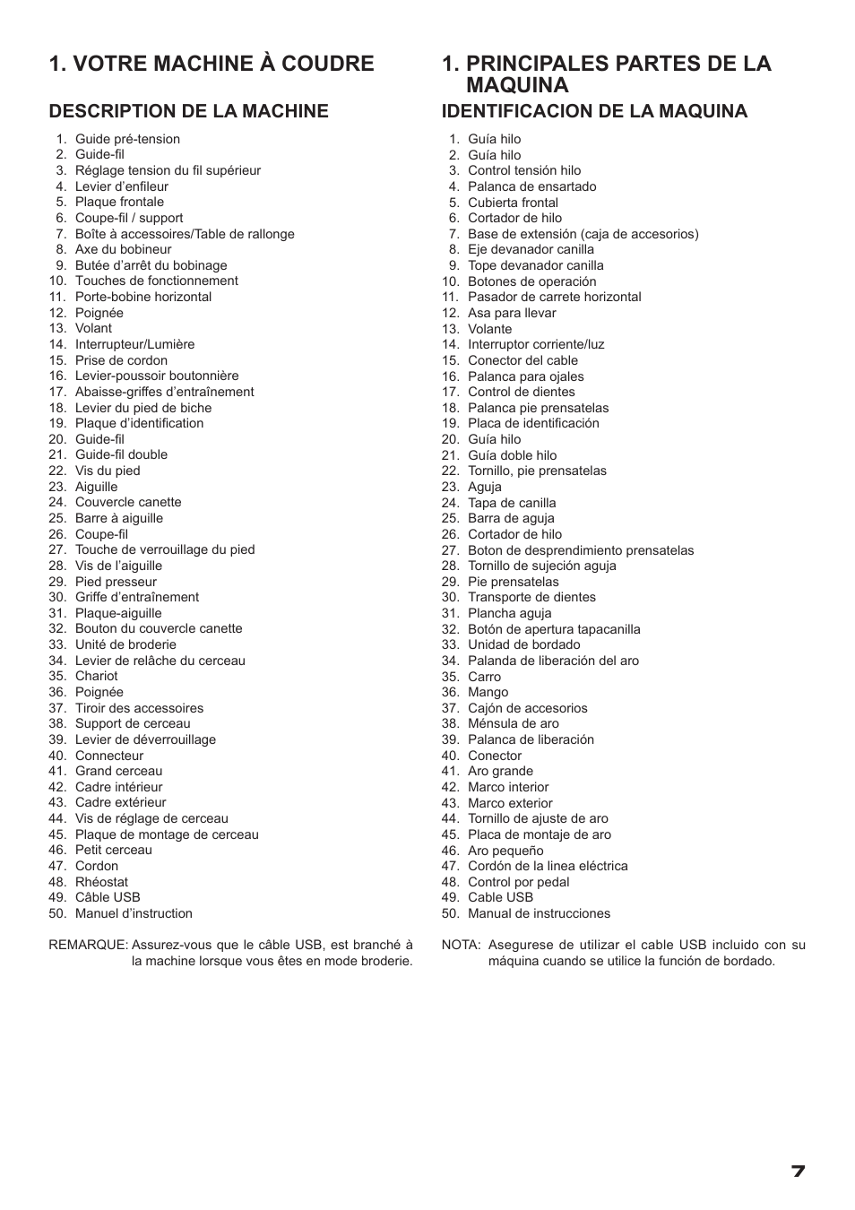 Votre machine à coudre, Principales partes de la maquina, Description de la machine | Identificacion de la maquina | SINGER XL-400 FUTURA Instruction Manual User Manual | Page 9 / 112