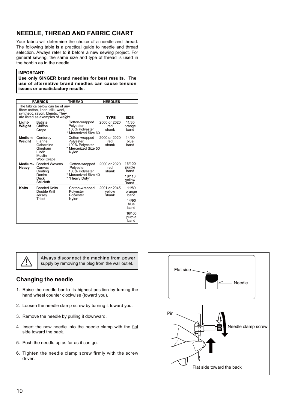 Needle, thread and fabric chart, Changing the needle | SINGER SEQS-6700 FUTURA QUARTET Instruction Manual User Manual | Page 12 / 68