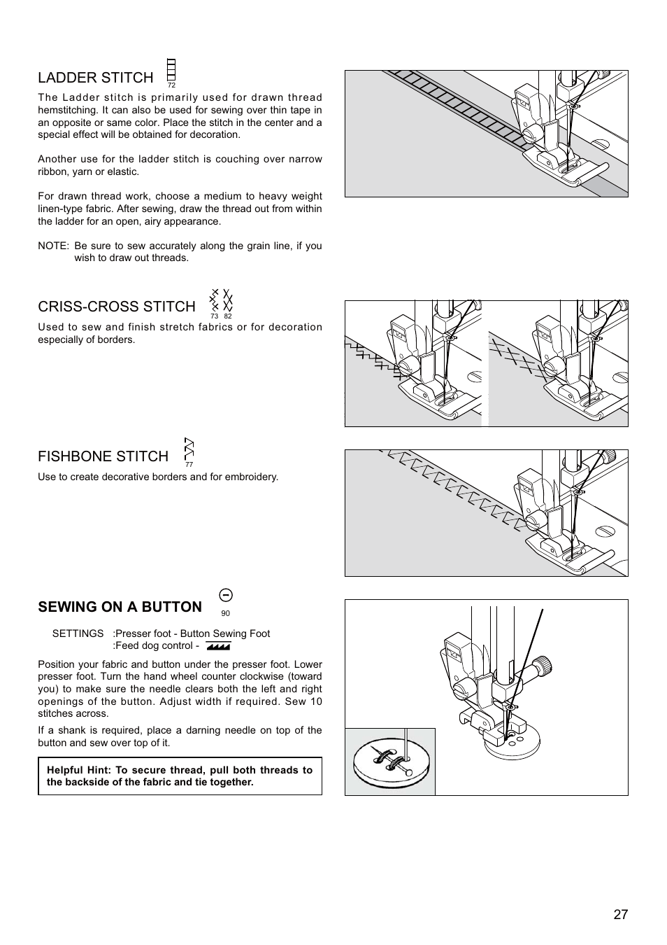 Ladder stitch, Criss-cross stitch, Sewing on a button | Fishbone stitch | SINGER SEQS-6700 FUTURA QUARTET Instruction Manual User Manual | Page 29 / 68