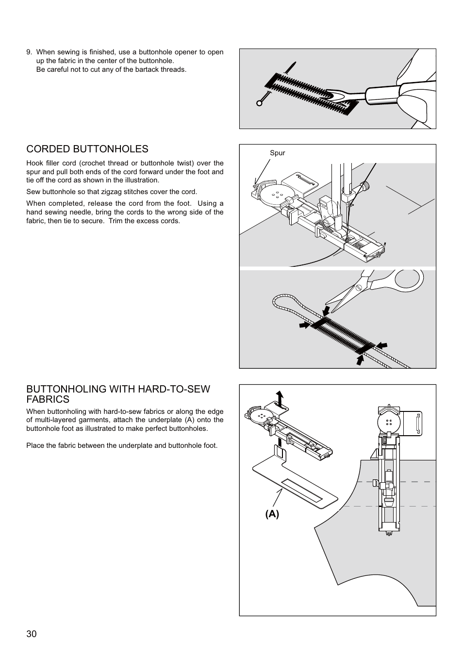 Corded buttonholes, Buttonholing with hard-to-sew fabrics | SINGER SEQS-6700 FUTURA QUARTET Instruction Manual User Manual | Page 32 / 68