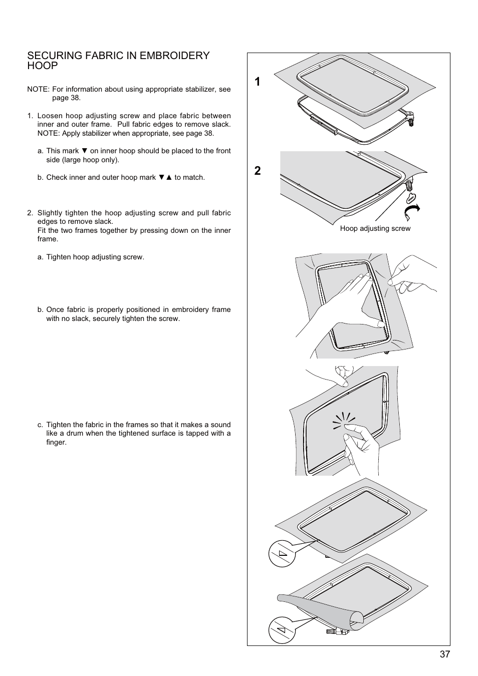 Securing fabric in embroidery hoop | SINGER SEQS-6700 FUTURA QUARTET Instruction Manual User Manual | Page 39 / 68